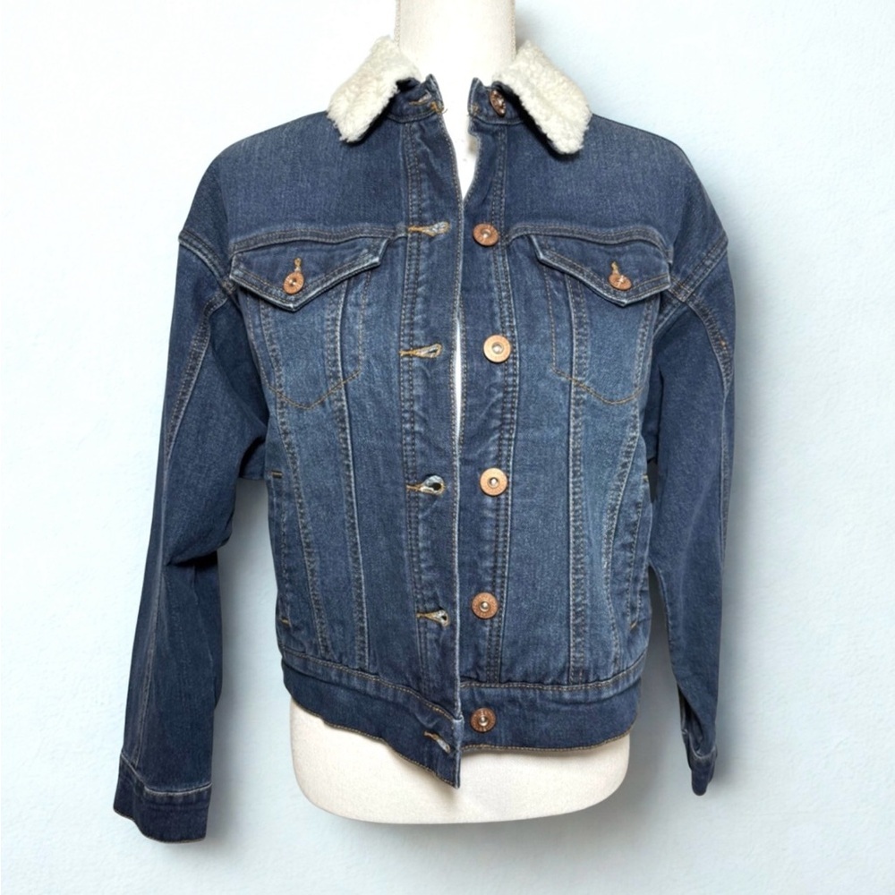 NWT Style & Co Blue Denim Jean Sherpa‎ Jacket Women Oversized XS